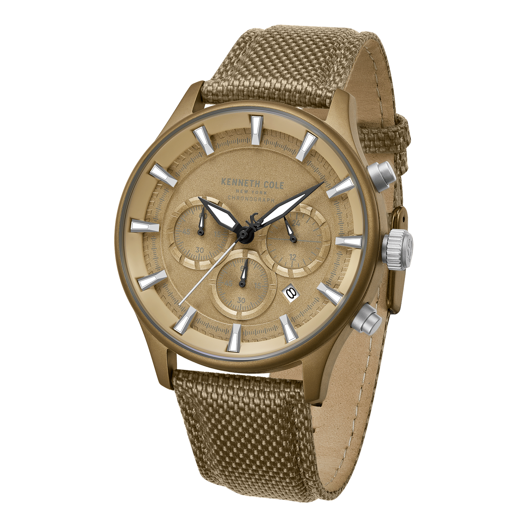 kenneth cole quartz chronograph khaki dial brown nylon strap watch kcwgo0058403mnw