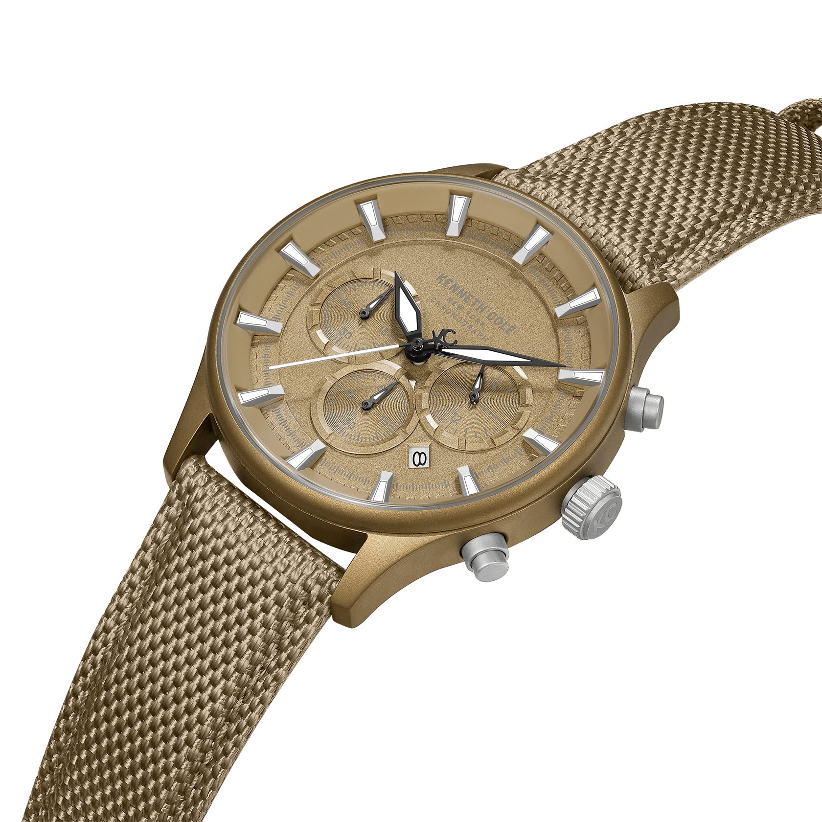 kenneth cole quartz chronograph khaki dial brown nylon strap watch kcwgo0058403mnw